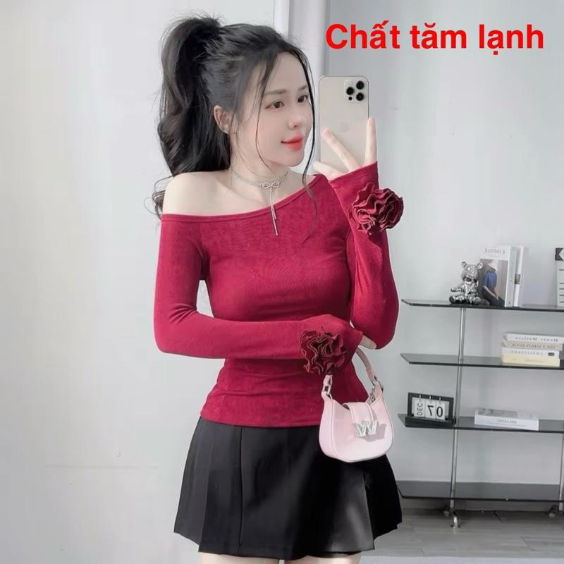 Siu phẩm . Áo bassic tay dài đính hoa sỏ ngón tay bigsize chất tăm xịn ( bigsize :40-90kg ) Cổ Tròn Women Top Nữ 8