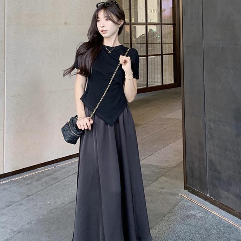 Set áo váy bigsize nữ tay ngắn cổ tròn kèm tà nhọn gọn eo phối váy chữ A dáng dài lưng thun - SET77