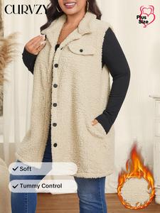 CURVZY Plus Size Solid Color Button Front Pocket Long Vest Jacket, Casual Sleeveless Collared Fuzzy Outerwear for Fall & Winter, Women's Clothes for Daily Wear