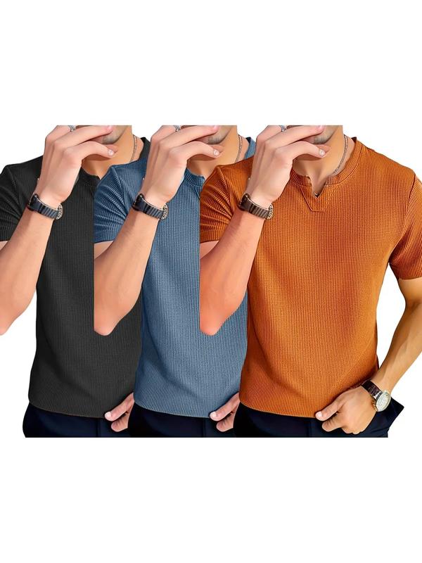 Men's Regular Fit Plain Notched Neck Waffle Knit Tee, Casual Short Sleeve T-shirt for Summer, Clothing, Men's Top for Daily Wear 6