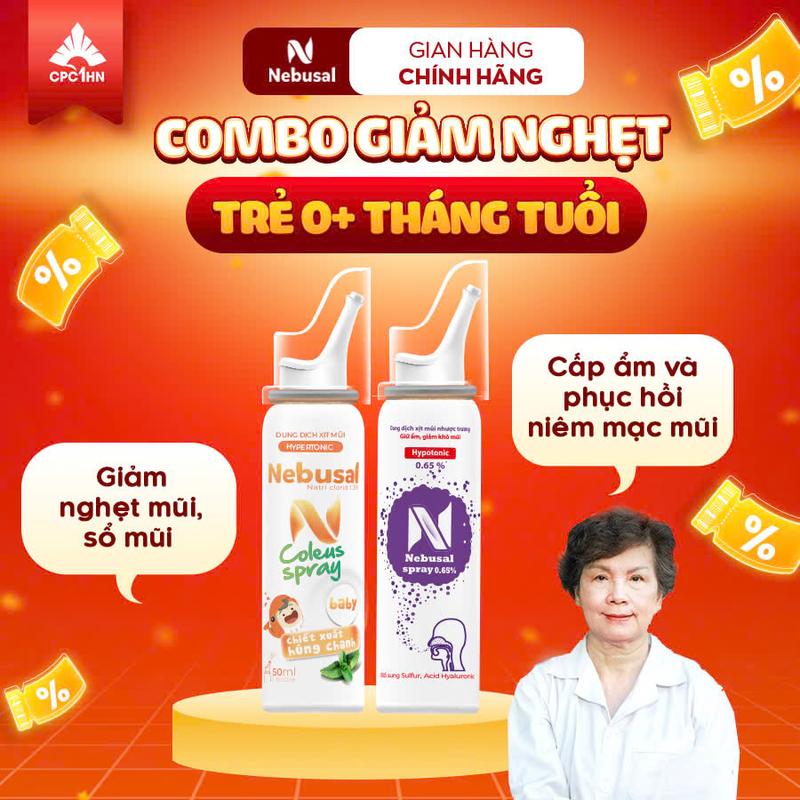 Combo Xịt Mũi Giảm Nghẹt Mũi, Sổ Mũi + Dưỡng ẩm và Phục hồi mũi Viêm Mũi Dị Ứng, Viêm Xoang Cho Bé Nebusal Húng Chanh và Nebusal 0.65% - Chai 50ml