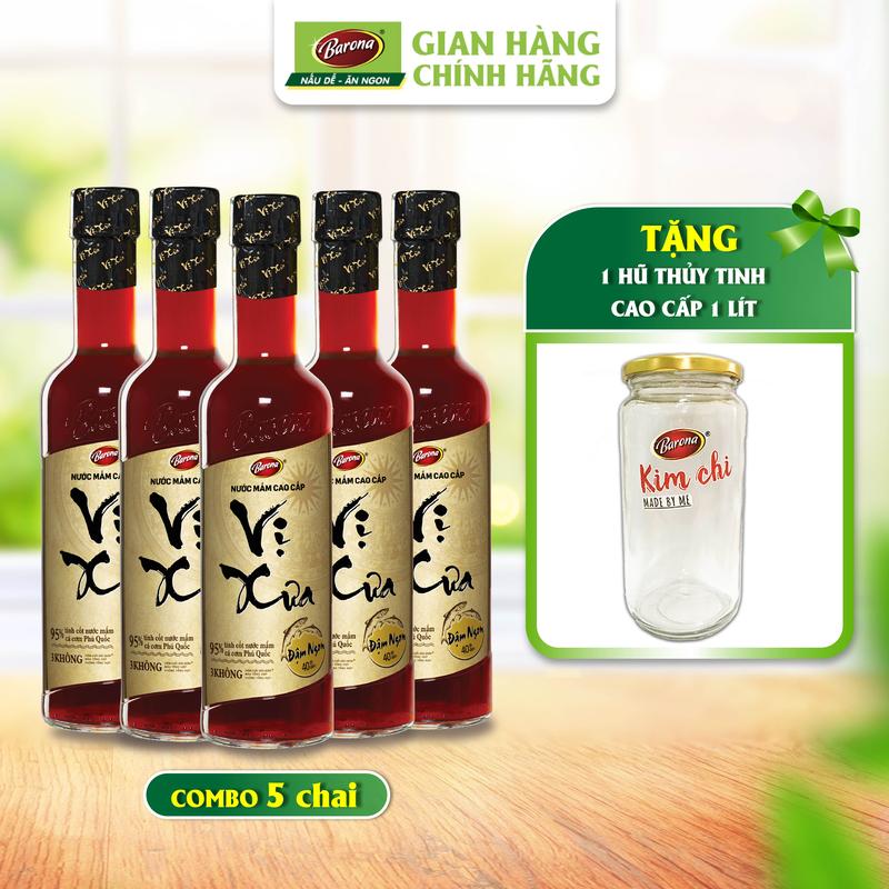 Combo 5 chai Nước mắm cao cấp Vị Xưa Barona 40 độ đạm 500ml, Tặng 1 Hũ thủy tinh cao cấp 1L