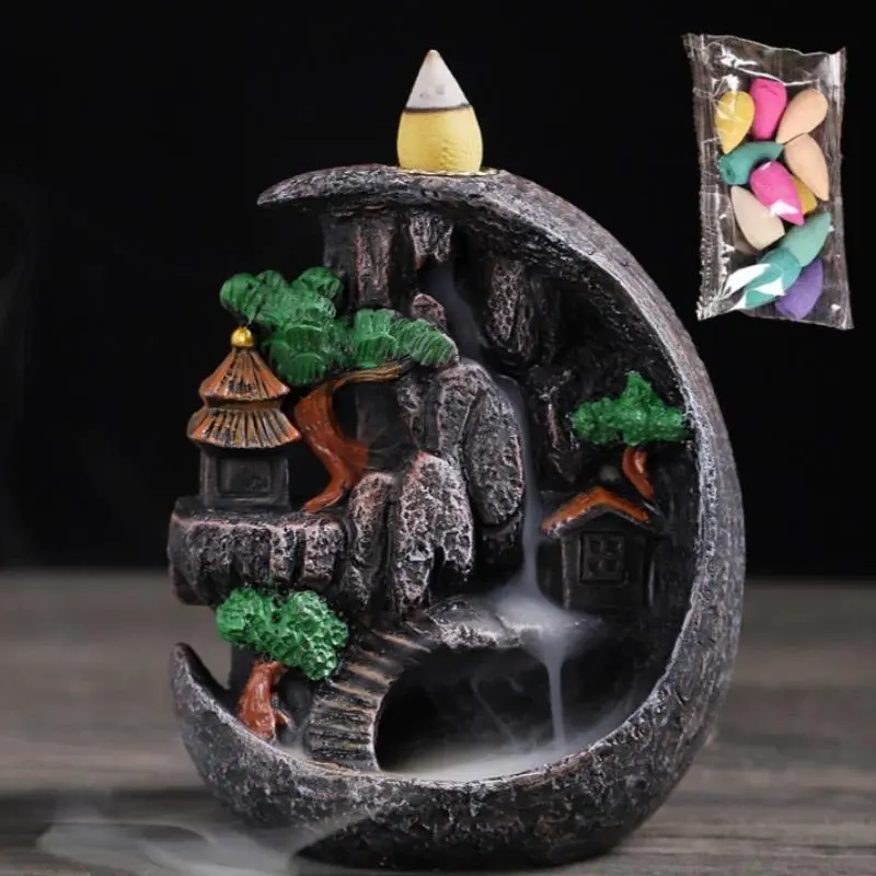 Creative Resin Backflow Incense Burner Set, Including 1 Incense Burner & 10pcs Incense, Yoga Meditation Sleeping Meditation Can Be Used, Desktop Decoration, Scented