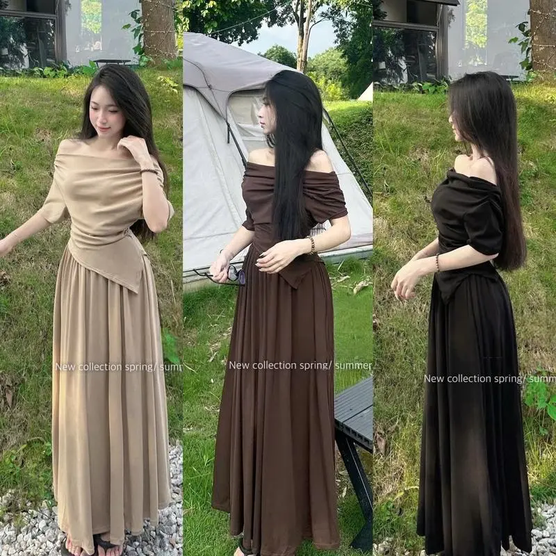 Set áo thun tăm lạnh cộc tay trễ vai kèm Chân váy xếp ly suông trơn 3 màu