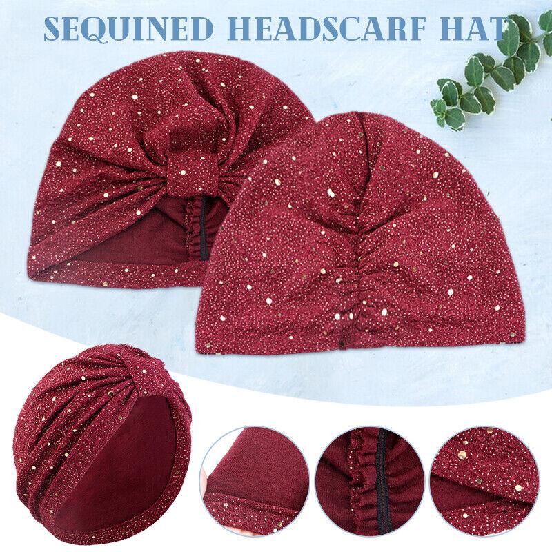 Turban Hat Muslim Stretchy Glitter Sequins Headscarf Hijab Cap Women Head Wrap Hats Party 6