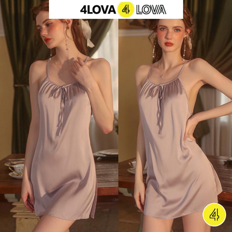  Váy Ngủ Nữ 2 Dây 4LOVA Lụa Latin Trơn Mềm Mại Xẻ Tà Nơ Ngực Quyến Rũ - EVA0160 - Đầm Ngủ Nữ Nhung Dress Women 