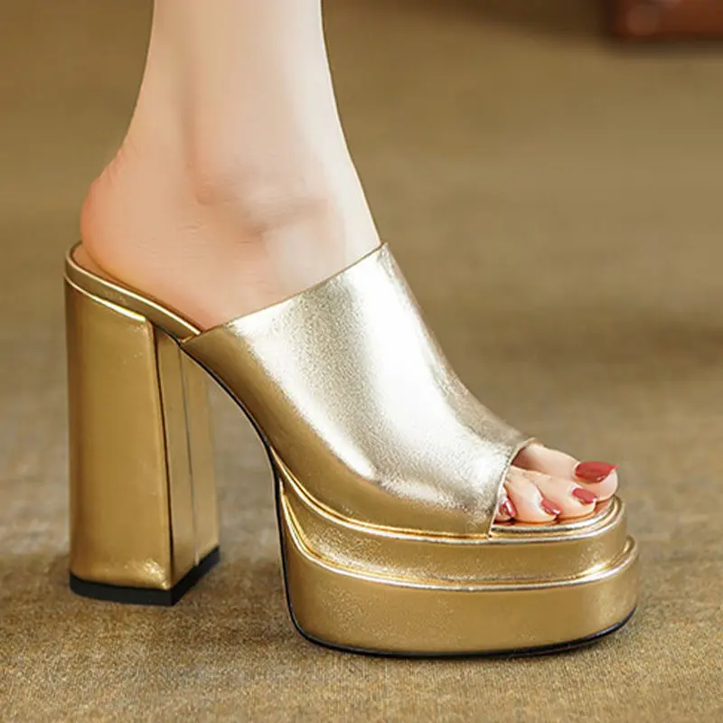 Super High Heel Refined Outdoor Sandals 2024 Summer Soft Leather round Toe Waterproof Platform Thick Bottom Chunky Heel Peep Toe High Heels