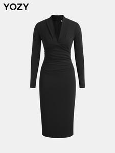 YOZY Women's Plain Ruched Wrap Deep V Neck Bodycon Dress, Elegant Long Sleeve Split Midi Dress for Party Dating Wear, Ladies Clothes for All Seasons