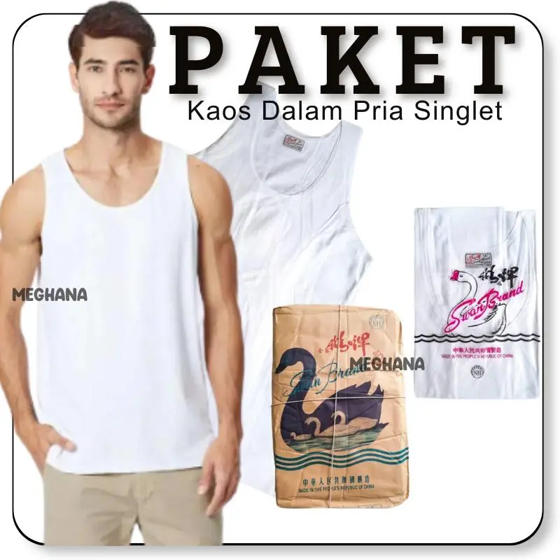 3PCS / 6 PCS Kaos Singlet Pria Cowok Laki Laki Atasan Dewasa Tanpa Lengan Putih Dunia Swan Brand 3