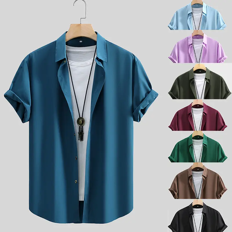 Men's Solid Color Short Sleeve Shirt| Lake Blue Casual Business Shirt| Stretch Fabric| 2024 New Summer Trend| Lightweight & Comfortable