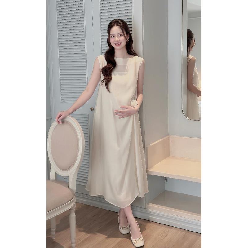 Váy Đầm Bầu Dáng Hàn Quốc Suông 2 Lớp Xoắn Eo Đính Hoa Hồng Lụa Thiết Kế Joamom JVB0082