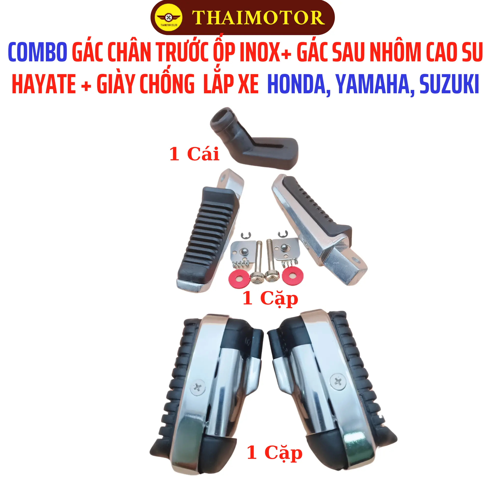 Gác chân trước ốp inox N3SS + Gác chân sau Hayate + Giày chống nghiêng, lắp xe Honda, Yamaha, Suzuki - Cao cấp, sáng bóng, không han gỉ