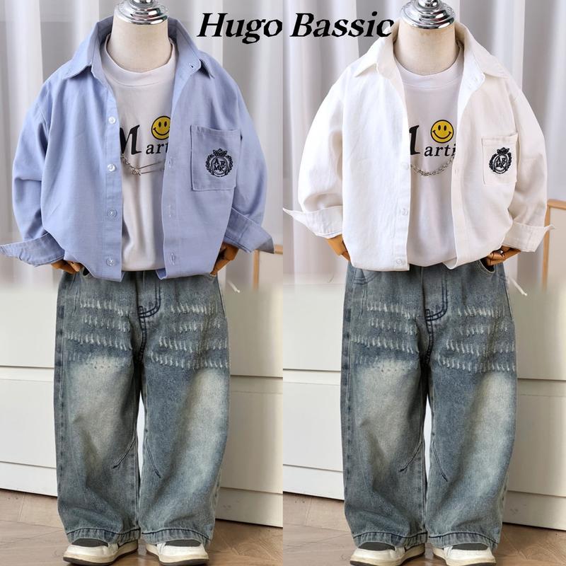 Bộ Áo Sơ Mi Phối Quần Jean Ống Suông Cho Bé Mặc Đi Học Đi Chơi- Phong Cách Năng Động Thoải Mái [12-29kg] Hugo Kids
