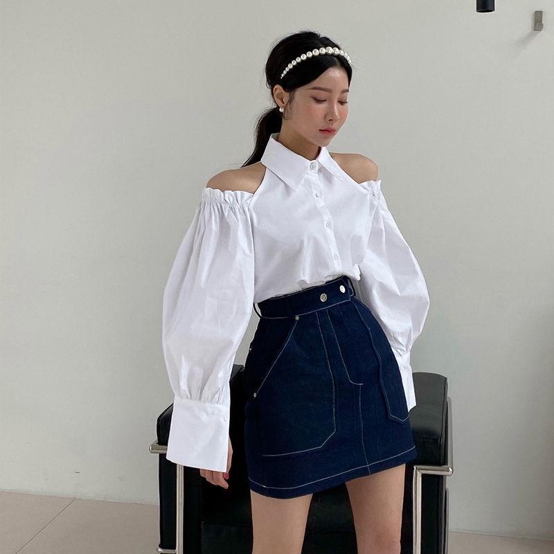 Áo sơ mi nữ hỡ vai gợi cảm trắng + đen + nâu DG 4690 Shirt