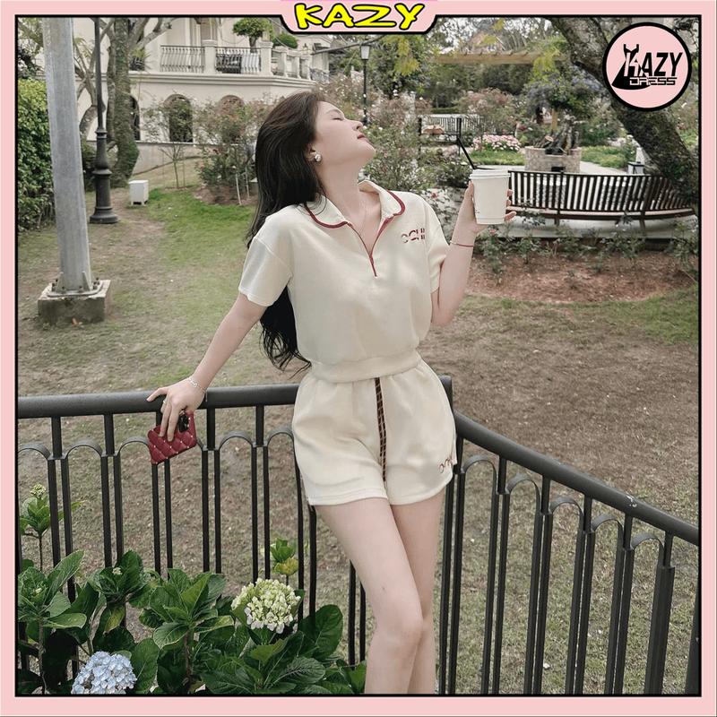 Bộ đồ nữ áo phông thêu chữ nổi cổ bẻ phối khóa mix quần sooc đùi xẻ gấu cách điệu năng động S154 KAZDRESS 4