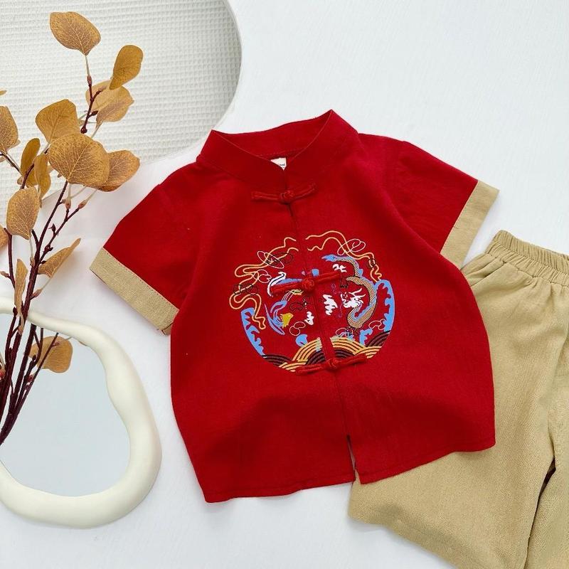 (Form rộng) Bộ Đũi Cộc Tay Mặc Tết Cho Bé, Bộ Quần Áo Cộc Đũi In Hình Rồng Phượng Cho Bé Từ 10-28kg MOONHOUSE