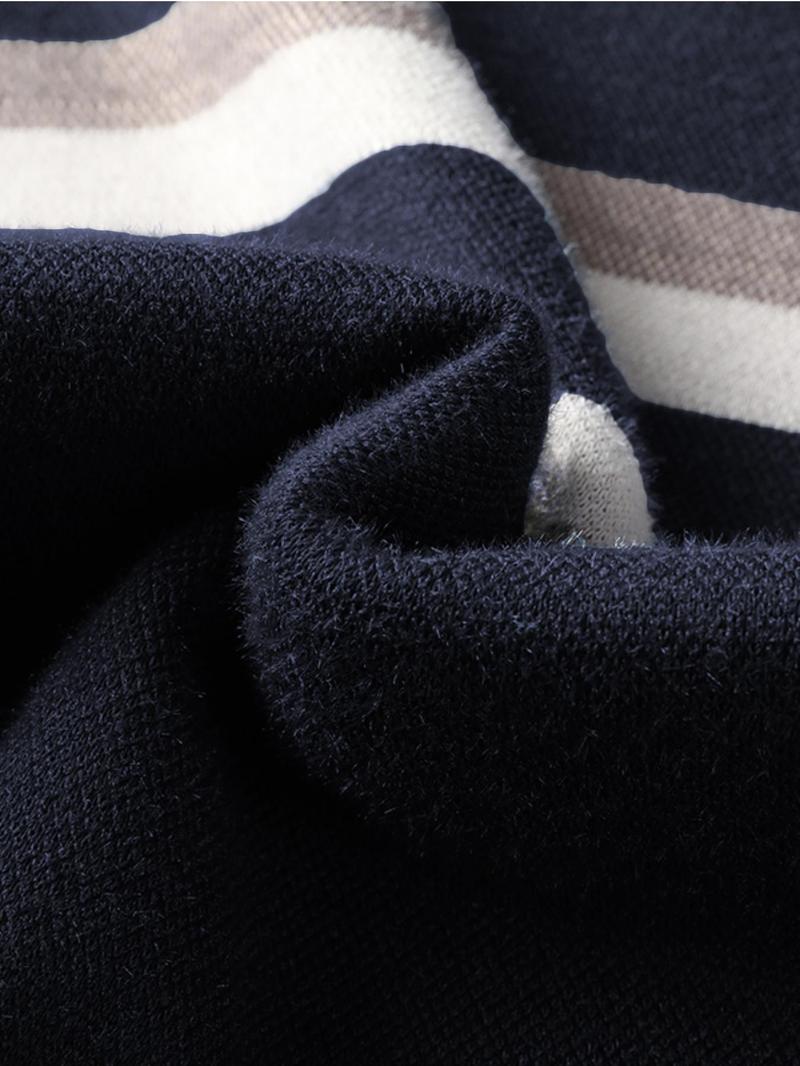 Product Introduction of Men's Thermal Lined Regular Fit Striped Print Round Neck Knitted Sweater, Thick Warm Casual Long Sleeve Crew Neck Jumper for Fall & Winter, Fashion Men's Knitwear for Daily Wear 6