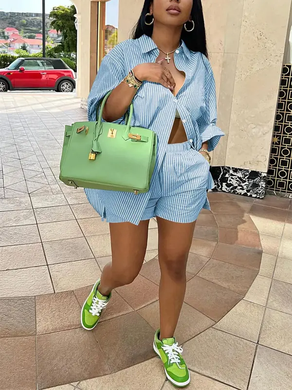 Women's Striped Print Button Shirt & Shorts Set, Casual Short Sleeve Collared Top & Shorts for Daily Wear, Ladies Two-piece Outfits for All Seasons 2