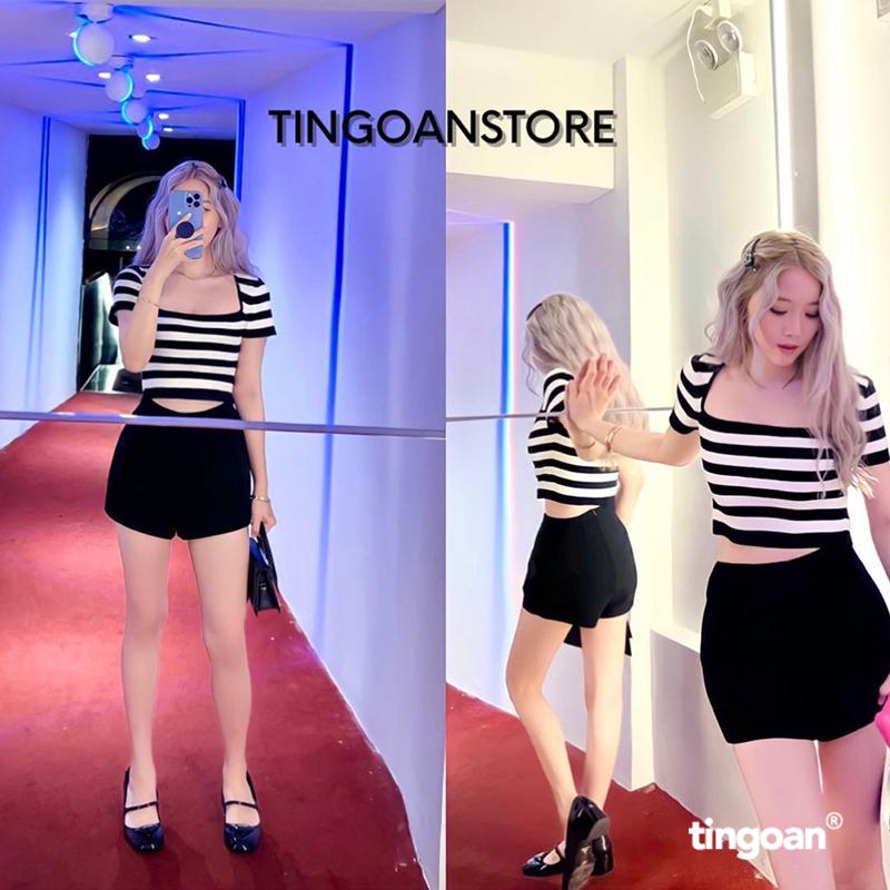 TINGOAN x TIKTOKSHOP- Áo len crop lửng ngắn tay cổ vuông kẻ trắng đen BORA BORA TOP phiên bản mới nhất cuối tháng tháng 6.2023