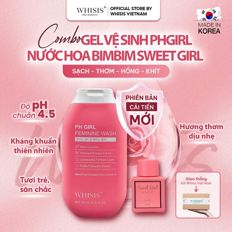 [COMBO][CHE TÊN] Sạch - Thơm - Hồng - Khit Gồm Dung Dịch Vệ Sinh WHISIS pH Girl Feminine Wash 200ml và Nước Hoa Vùng Kín WHISIS Sweet girl Inner 5ml