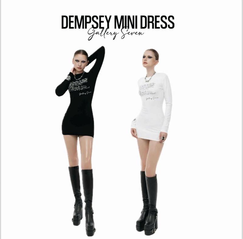 [DEMPSEY MINI DRESS] Đầm body ngắn tay dài GALLERY SEVEN chất liệu cotton co giãn váy in chữ cá tính