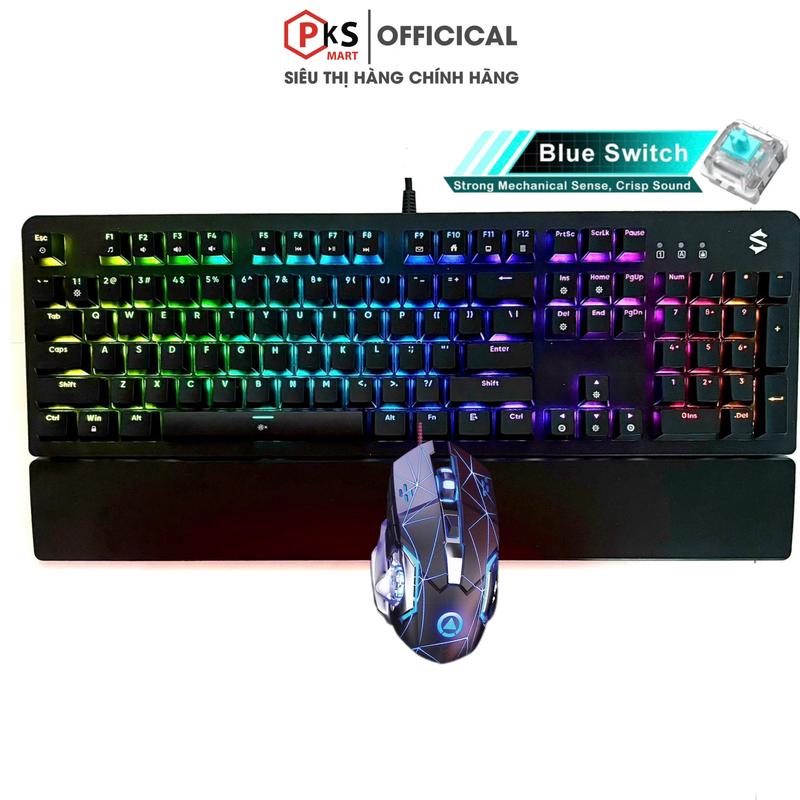 PKSMART BLACK S K104 + G15 - Combo Bàn Phím Cơ Chuột Gaming Có Dây - LED RGB 15 Hiệu Ứng Và 8 Màu LED Đơn - Anti Ghosting Full Phím - Blue Switch - Kê Tay Tháo Rời - App Chỉnh Maco - Bảo Hành Lỗi Đổi Mới