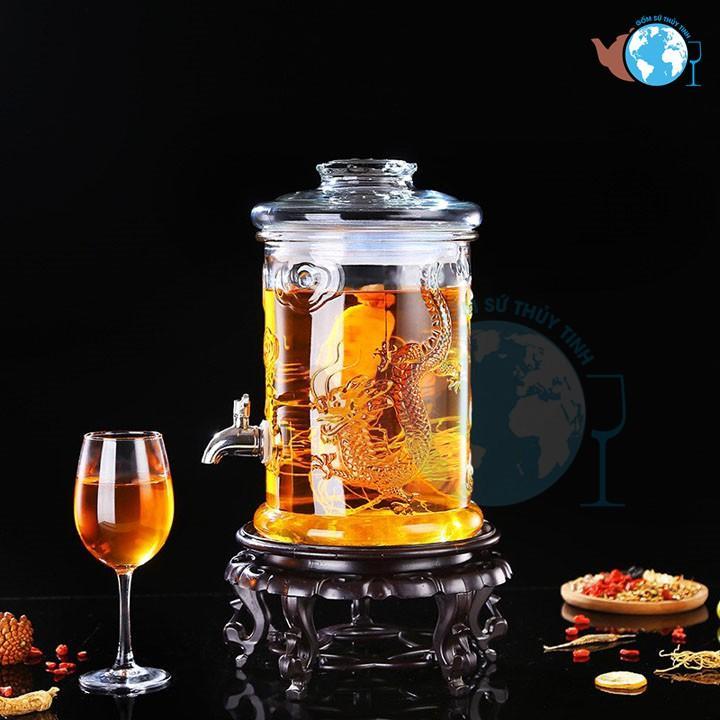  Bình ngâm rượu thủy tinh 6 lít có van hoặc không van dáng trụ hoa văn rồng   Bình thủy tinh ngâm sâm 