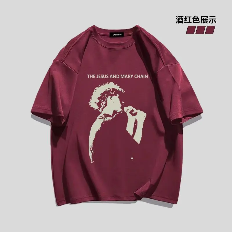 100% pure cotton American street hip-hop high tide brand short-sleeved T-shirts for men and women new ins summer fashion casual loose wild tops outdoor sports oversized student wine red lovers' clothes.