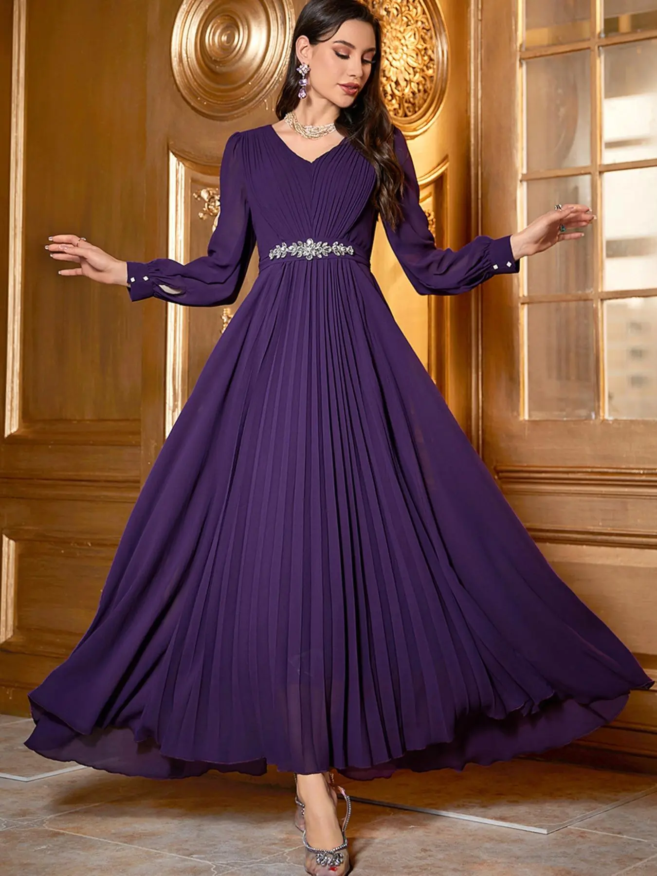 Women's Artificial Gemstone Decor Belted Pleated A Line Dress, Elegant Long Sleeve V Neck Long Dress for Party Wedding Guest, Ladies Summer Clothes