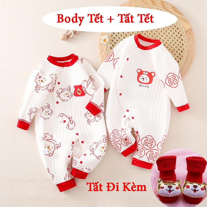 Body Tết + Tất Tết Áo liền quần trần bông cho bé trai bé gái sơ sinh từ 3-14kg nền vải trắng phối đỏ phù hợp không khi Tết hàng nhập QC _ Jumpsuit _ BD85
