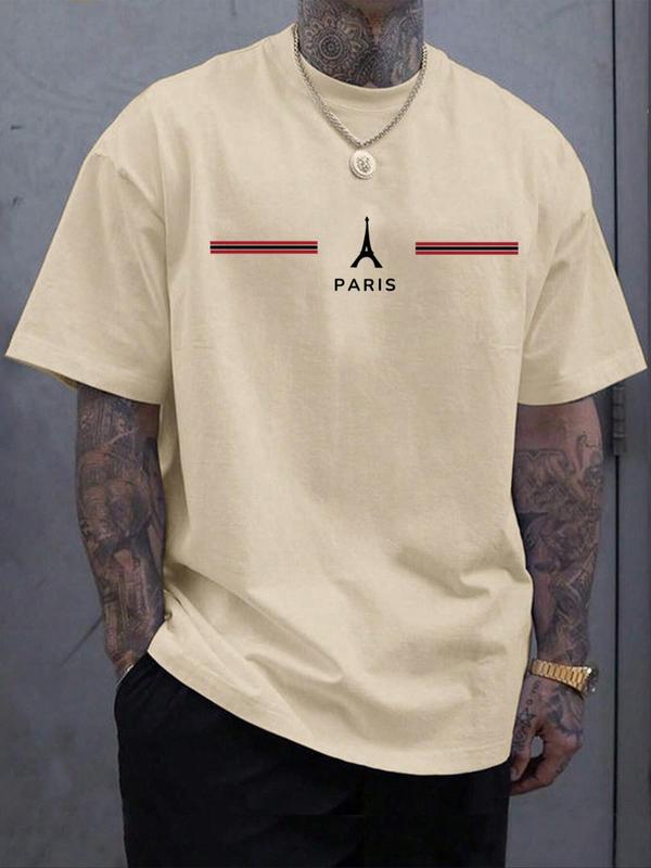 Men's Letter & Striped & Eiffel Tower Print Round Neck Tee, Casual Plus Size Short Sleeve T-shirt for Summer, Men's Plus Clothes for Daily Wear 4