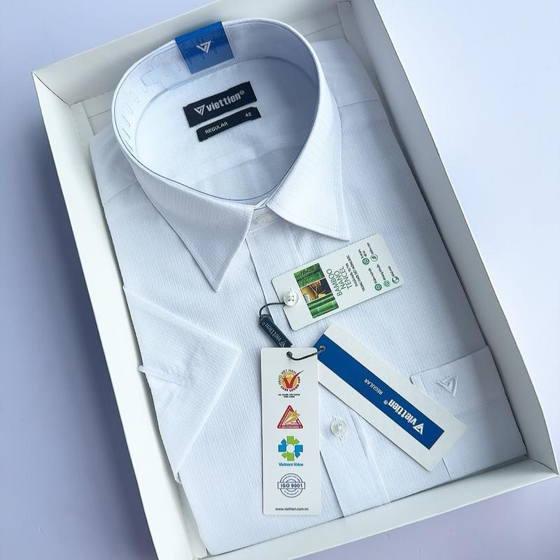 Áo sơ mi nam trắng gân ngắn tay việt tiến vạt bầu phom regular(mã 0214)
