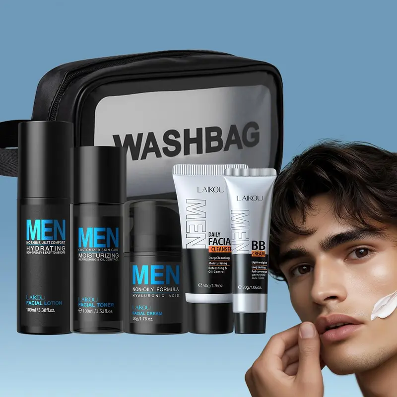Men's Skincare Set, Moisturizing Skin Care Set, Including Facial Cleanser, Toner, Lotion, Cream, BB Cream and Makeup Bag, Skin Care Product for Men 0