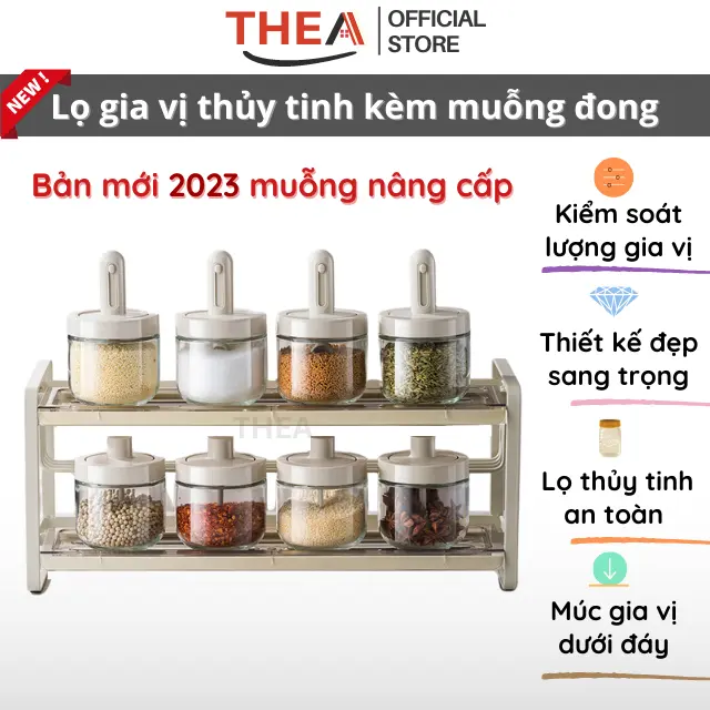 Hũ đựng gia vị, bộ lọ đựng gia vị thủy tinh có kèm thìa muỗng đo lường cao cấp, sang trọng - THEA
