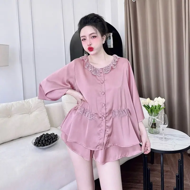 Set Đồ Ngủ Lụa Latin Tay Loe Viền Cổ Phối Ren , Quần Đùi Có Túi (45-75kg) Women 4
