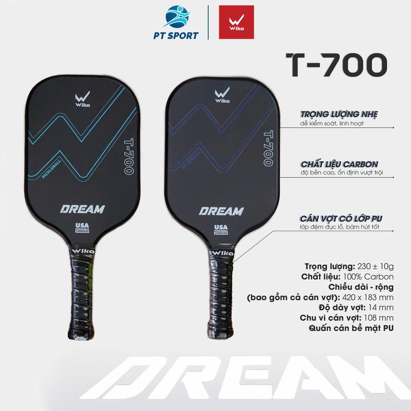 Vợt Pickleball Wika DREAM Chính Hãng [TẶNG BÓNG + CUỐN CÁN] Chất Liệu Carbon T700 Độ Dày Vợt 14mm, Siêu bền, Siêu Nhẹ Phù Hợp Nam Nữ Tập Luyện Sport Cán Vợt Thể Dục Cacbon