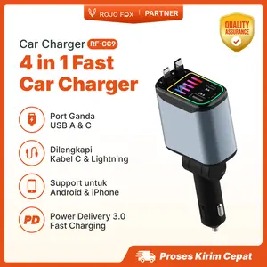Rojo Fox Car Fast Charger / Kabel Teleskopik Portabel / PD 120W + 4 Ports (USB-C & Lightning) / Fast Charging iPhone & Android / Qualcomm 3.0