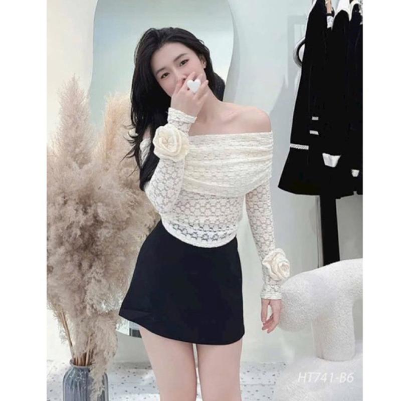 Áo trễ vai ren tay hoa hot _ Áo ren trễ vai tay đính hoa sang sịn 1