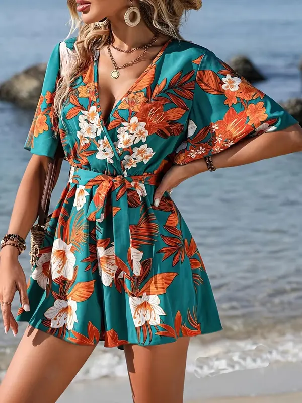 Women's Plants Print Belted Romper, Casual Short Sleeve Wide Leg Romper for Summer, Fashion Women's Clothes for Beach Holiday, Womenswear 5