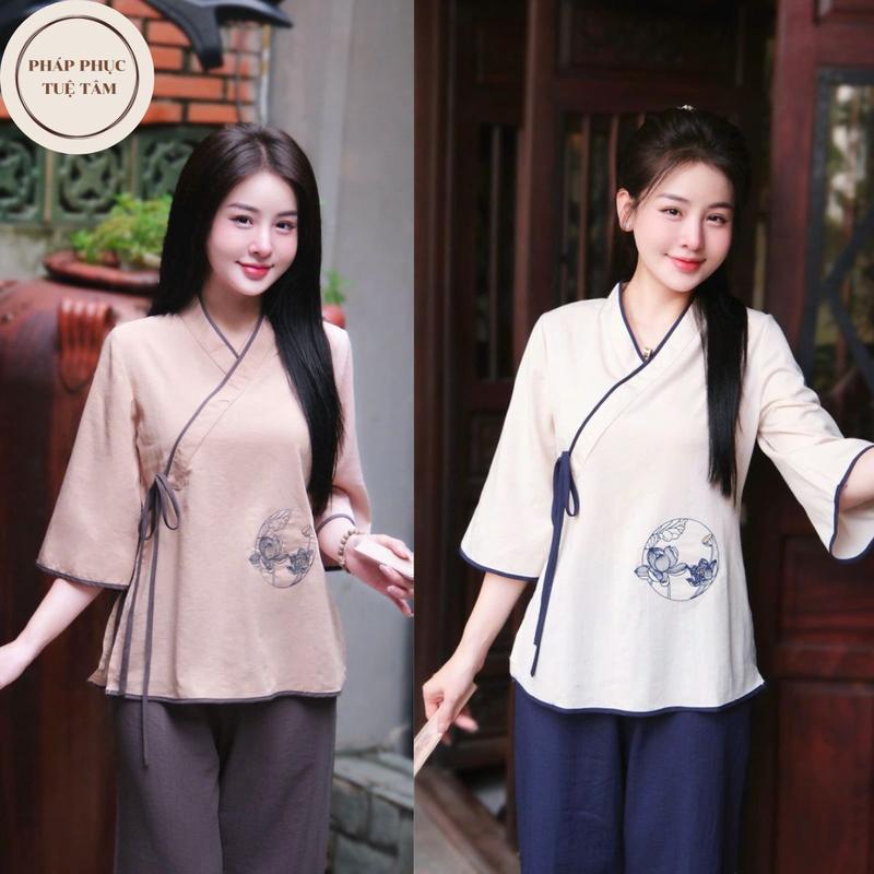 TUỆ TÂM Pháp phục đi lễ vải đũi xước vạt chéo tay lỡ thêu bông sen, Dồ lam Nữ Áo top trang phục truyền thống sz l thường S Beige Women Tay Loe Lệch Vai
