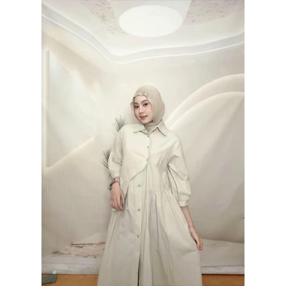 PO30 CHICMORE Gaun kemeja lengan tiga perempat dengan warna polos dan rok midi