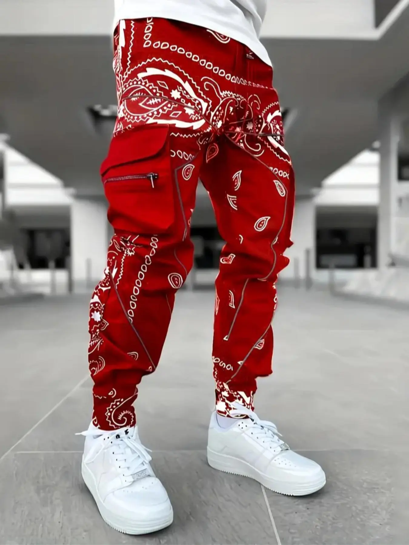 Men's Paisley Bandana Print Drawstring Waist Cargo Pants, Casual Comfy Regular Fit Multi-pocket Trousers for Daily Wear, Men's Bottoms for Spring & Fall