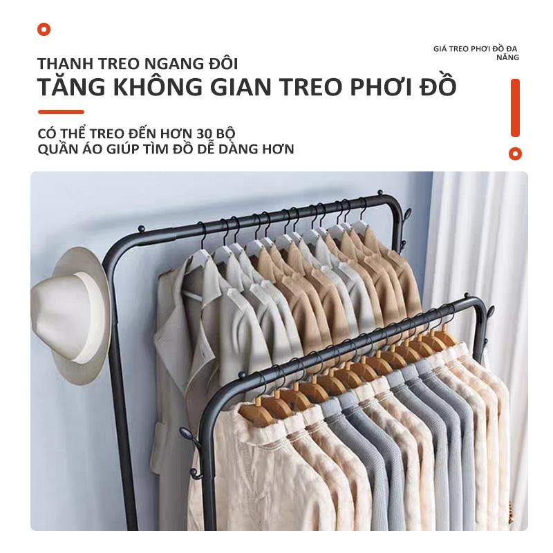Product Introduction of Giá phơi quần áo hai tầng đa năng, hai thanh treo chịu lực tốt, chất liệu kim loại chắc chắn, giá đựng giày và giá treo quần áo đa năng tiện lợi, lắp ráp đơn giản, tiện lợi 7