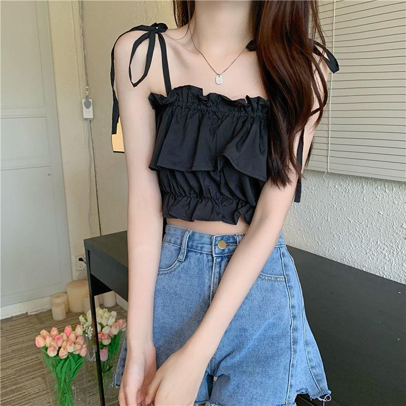 Product Introduction of Women's 2023 New Summer Tank Top with Ruffle Edge Strap Top High Waist Sleeveless Bra and Open Umbilical Top Womenswear Tube Lingerie Comfort Basic Minimalist Spaghetti Strap 6