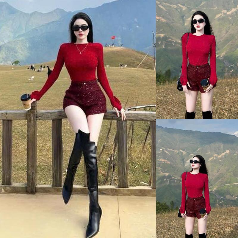 Set Bộ Cổ Tròn Dài Tay Mix Hoa Cuộc Phối Quần Dạ Cạp Cao Ánh Kim Dễ Mặc By Loan Định Boutique LD266