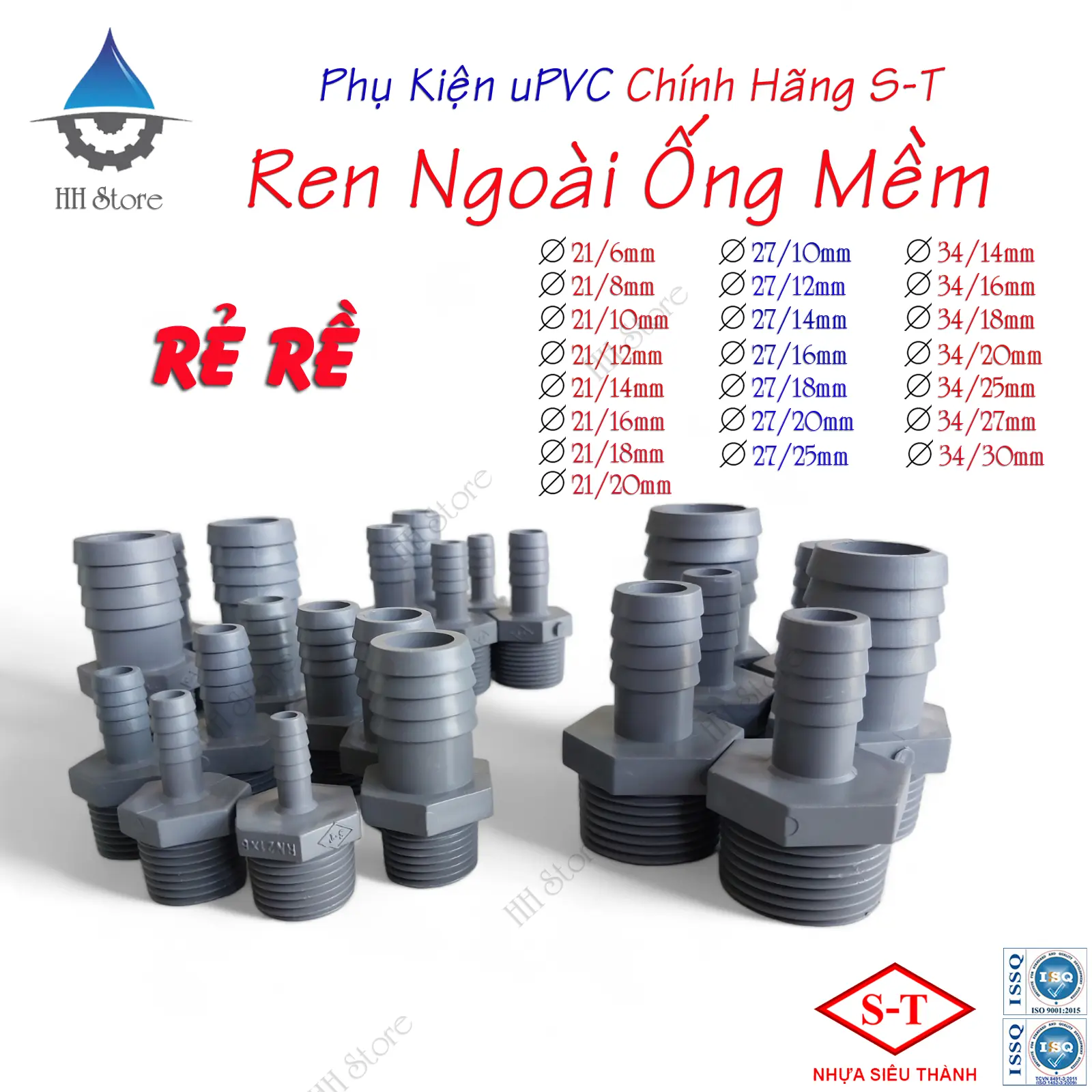 Ren Ngoài Ra Ống Mềm phi 21, 27, 34 ra 6, 8, 10, 12,14,16,18, 20mm...Răng Ngoài Đuôi Chuột Chính Hãng Siêu Thành S-T.