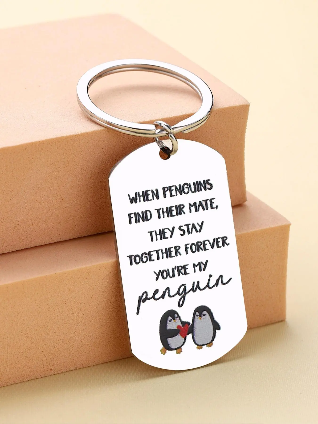 Cute Penguin & Letters Pattern Keychain, Stainless Steel Keychain for Men & Women, Fashion Accessories for Daily Use, Couple Gift for Boyfriend Husband, Valentine's Day, Gift