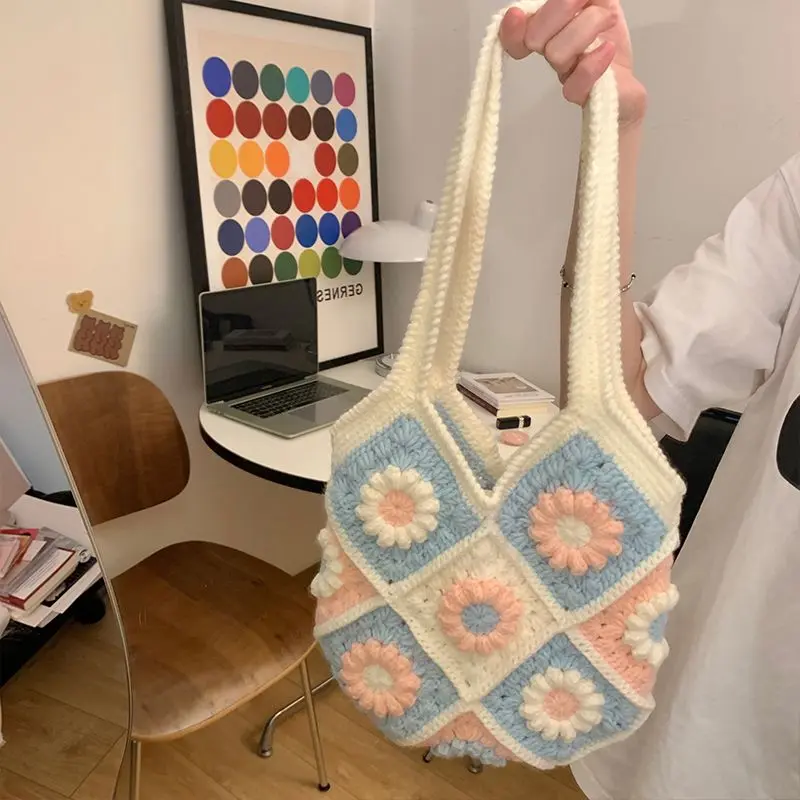 Little Daisy Grandma Grid Splicing Package Woven DIY Material Package Wool Crochet Large Capacity Portable Shoulder Bag Finished Product