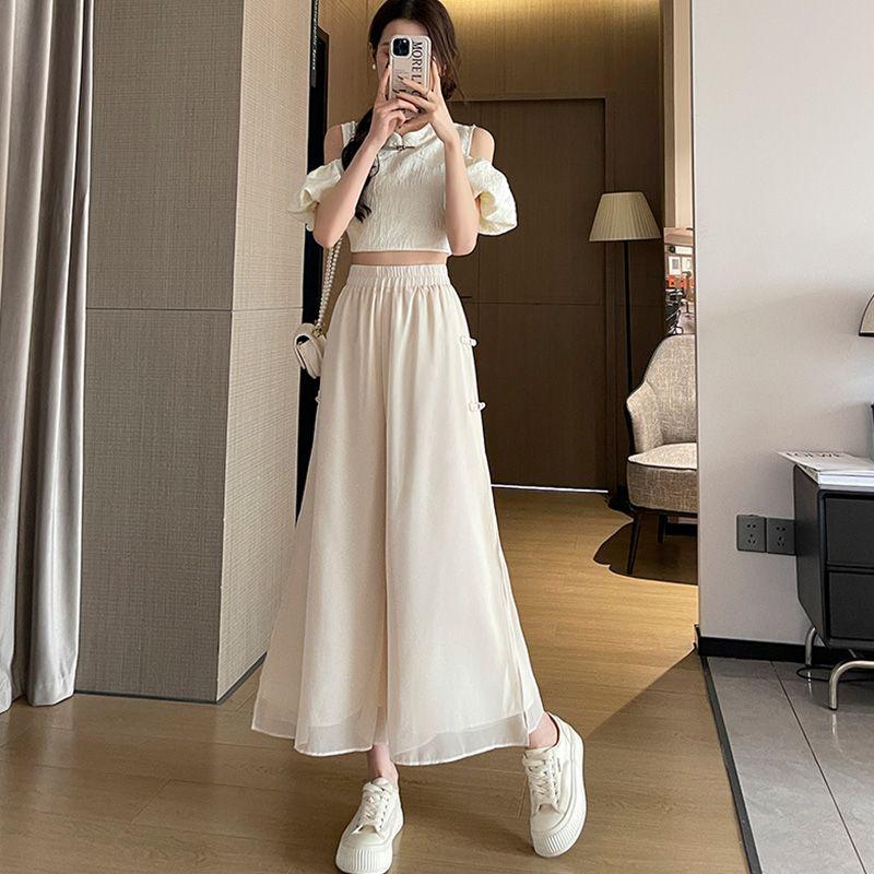 Quần Ống Rộng Voan, Phong Cách Trung Quốc Mới, Dành Cho Nữ, Bộ Sưu Tập Mùa Hè 2024, Quần Cropped Dáng Rộng Thường Ngày Quần Váy Cổ Tích Mỏng Chảy 5