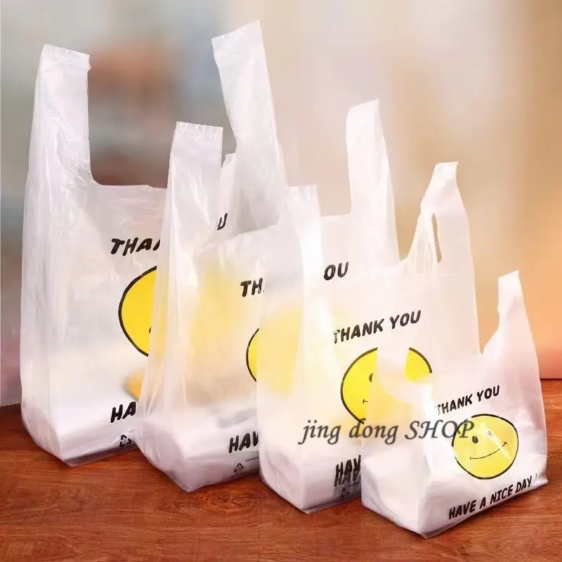 50PCS Smiley Thank you Printed Plastic Bag Transparent Shopping Bags Sando bag kitchen With Handle